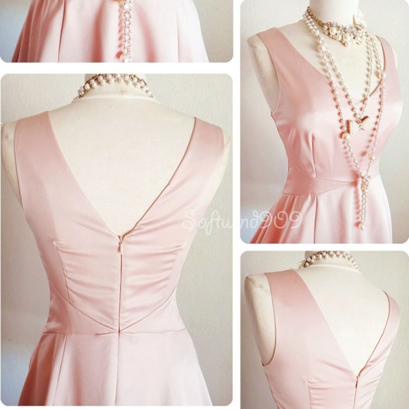 Pale Pink Soft Satin Classic V Neck Skater Dress - Picture 4 of 6